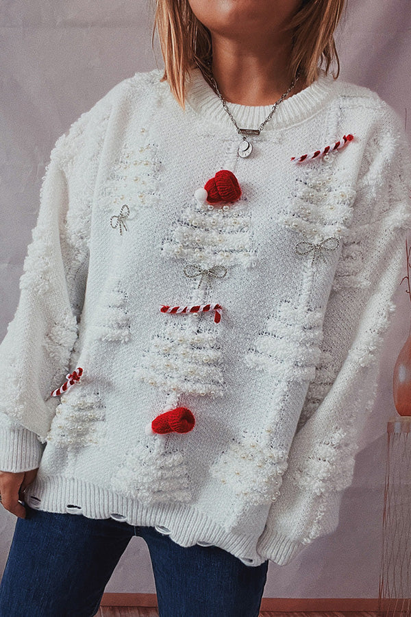 WW | Handgemachter Perlen-Weihnachtsthema-Pullover dreidimensionaler dekorativer Pullover