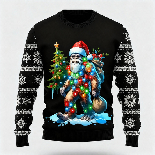 WW | Colorful Animal and Fir Tree Pattern Design - Black Holiday Icon Sweater