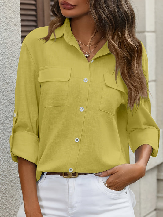 WW | Elegant Women's Cotton Blouse with Pockets and Long Sleeves