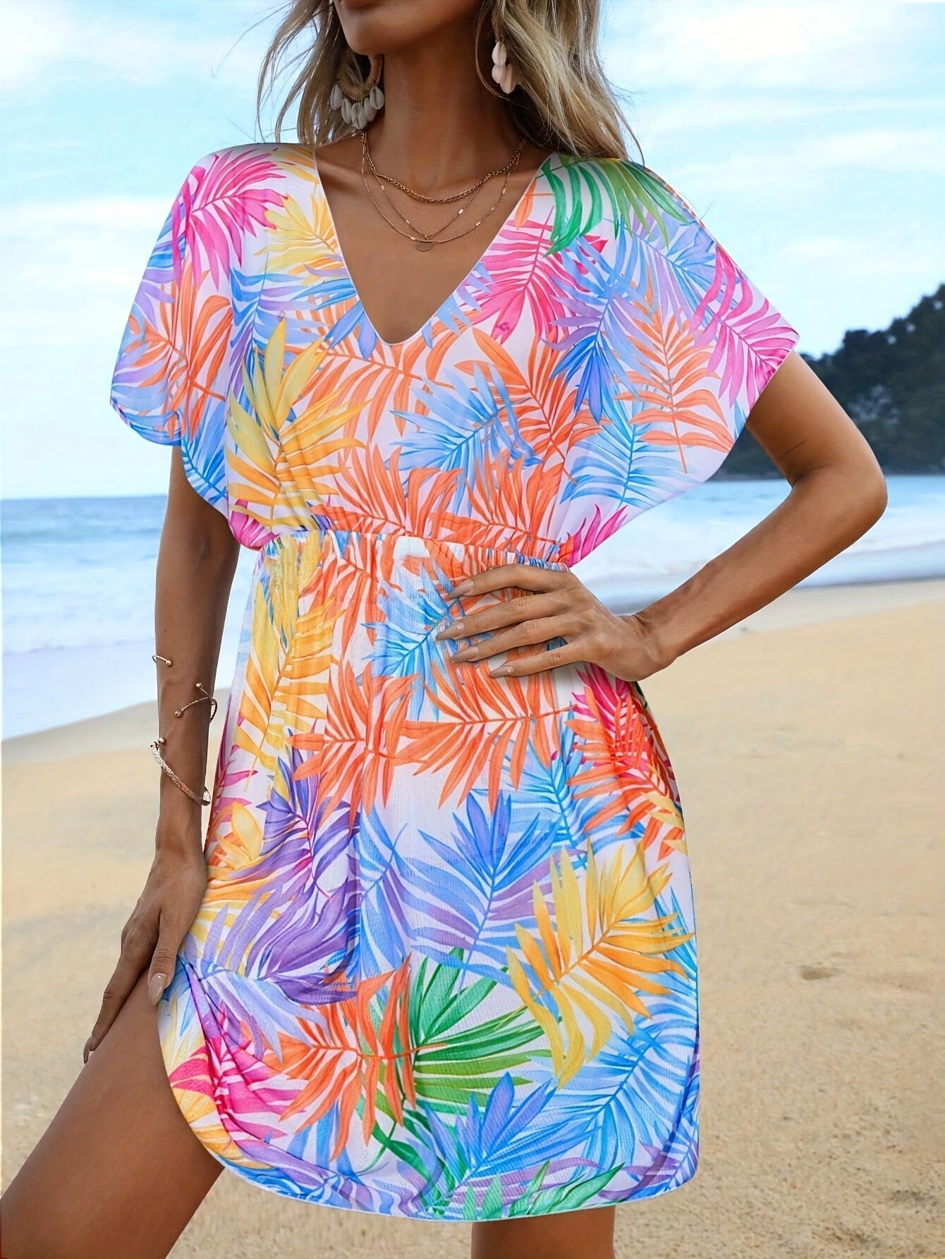 WW | Bohemian Strandkleid mit Porzellan Mini Druck und V-Ausschnitt