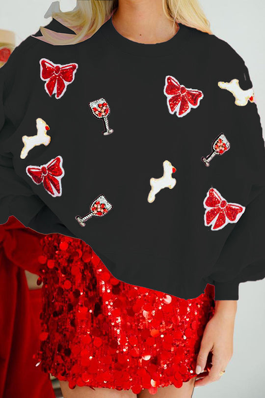 WW | Weihnachtsbogen-Wein-Glas Pailletten Lockere Lange Ärmel Sweatshirt