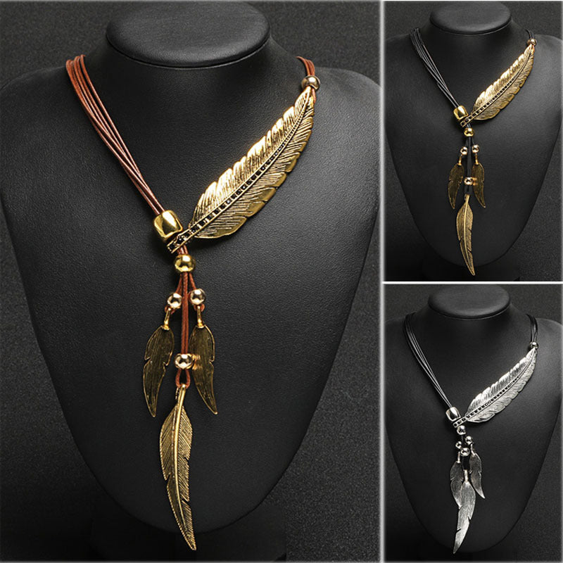 WW | Golden Feather Necklace In Bohemian Style