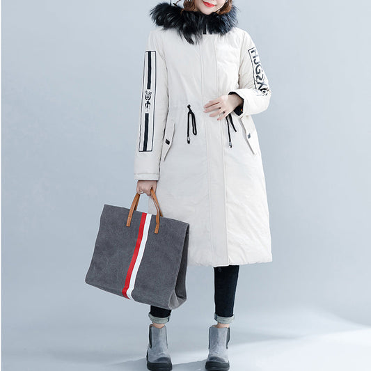 WW | weißer Parka Locker sitzende Kapuzenjacke mit Pelzkragen Buchstaben gesteppter Mantel Lässige Taillenbindung Taschen Baumwollmäntel