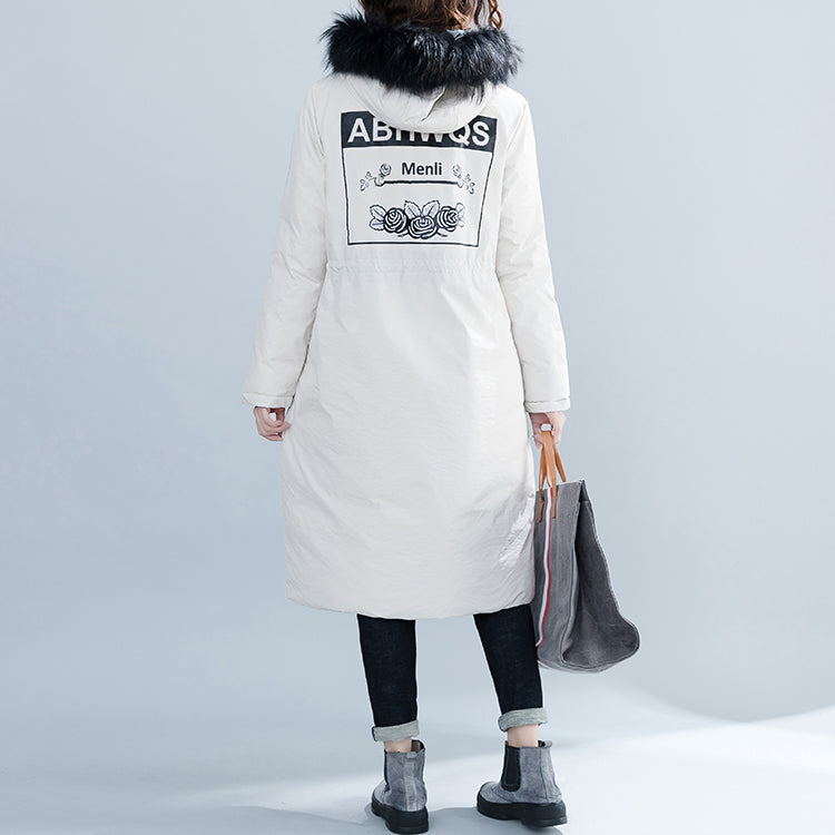 WW | White Parka Loose Fit Hooded Jacket with Fur Collar Letter Quilted Coat Casual Waist Tie Pockets Cotton Coats