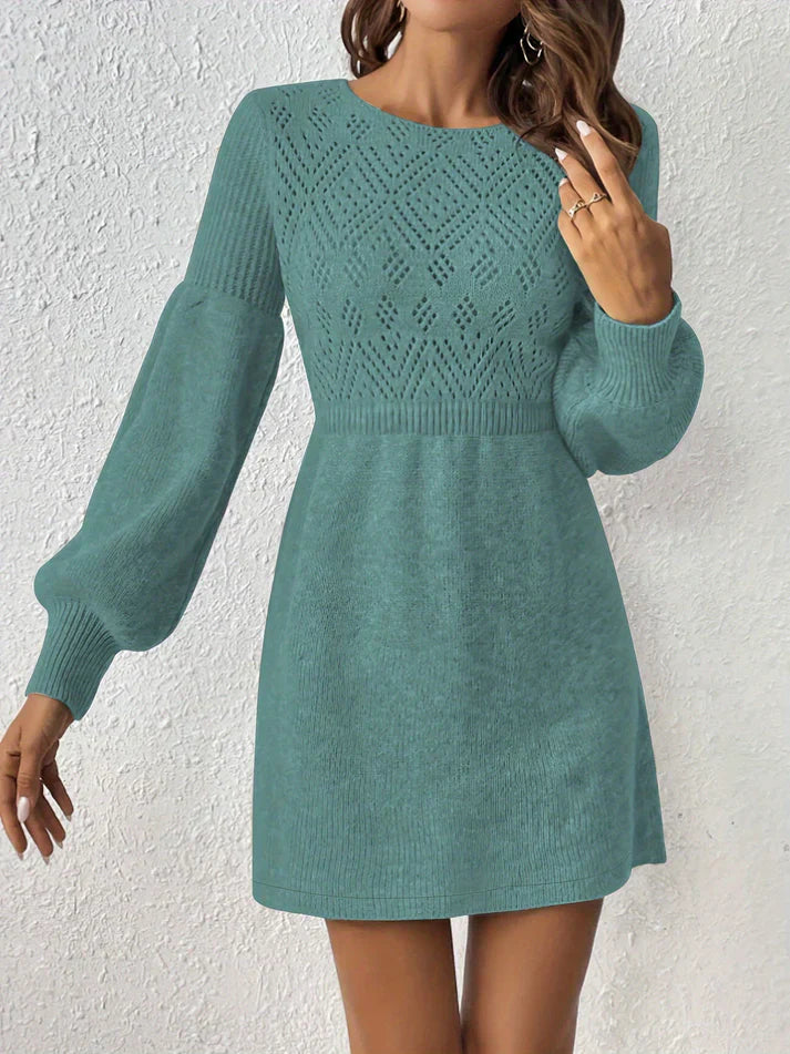 WW | Eyelet Embroidery Solid Color Knit Lantern Sleeve A-Line Ruched Waist Formal Dress For Women - Ideal for Formal Occasions