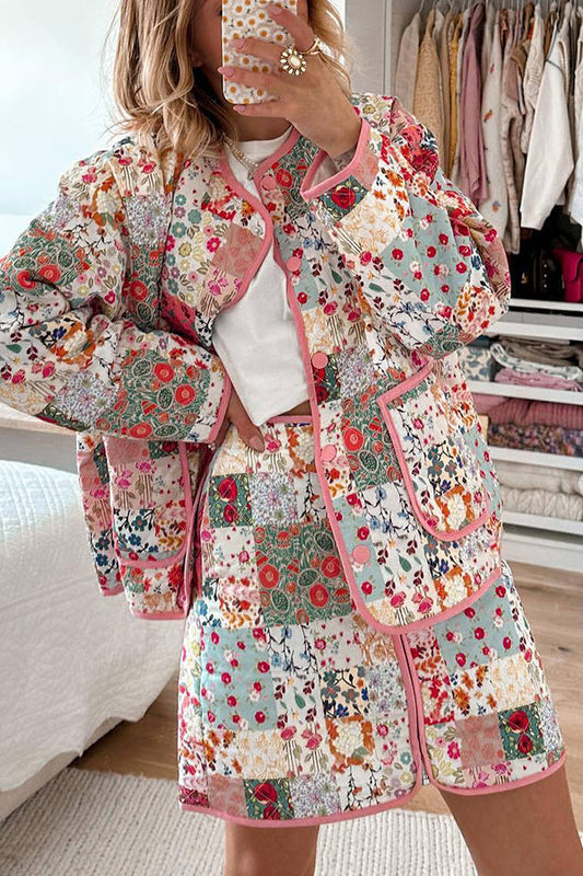 WW | Patchwork Floral Print Button-Up with Pockets Quilted Lightweight Jacket