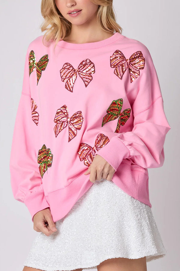 WW | Christmas Bow Sequin Loose Casual Long Sleeve Sweatshirt