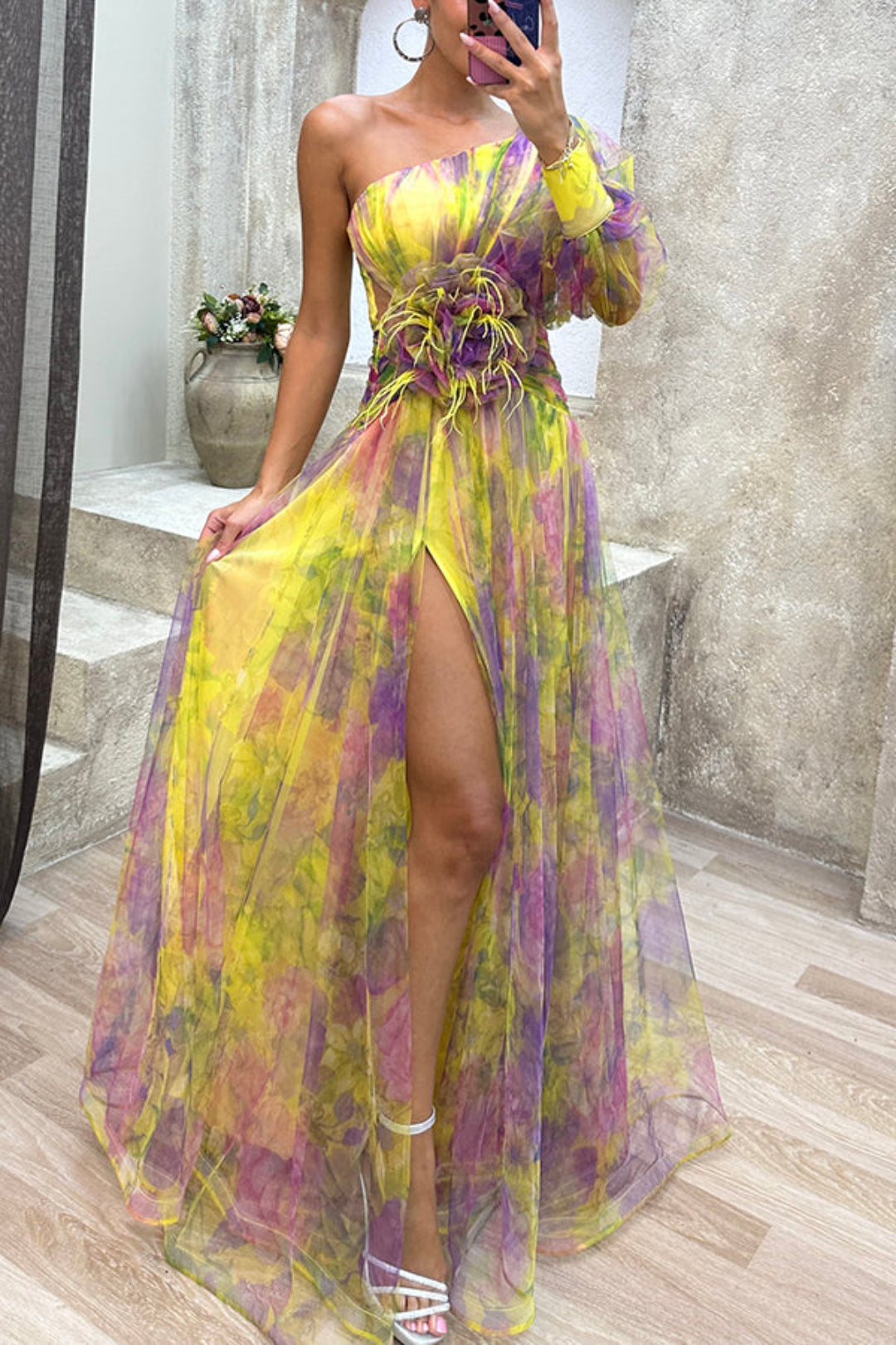 Janie - Elegant One-Shoulder Dress with Floral Print