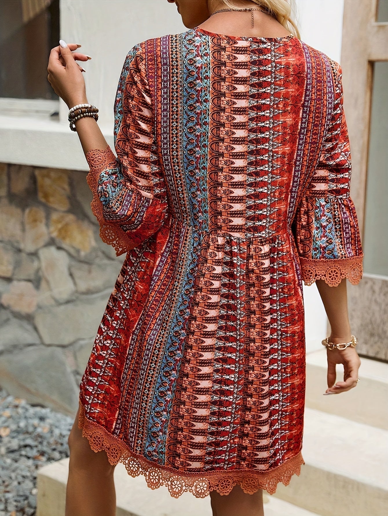 Sofie - V-Neck Dress with Lace Trim