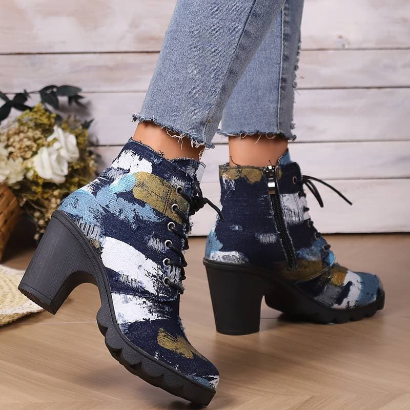 WW | Stiefeletten Gemustertes Textil Schnürung Blockabsatz Chunky Sohle