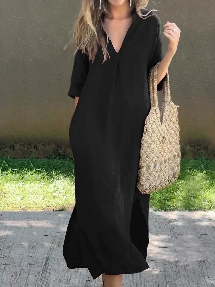 WW | Schlichte Leinenkleid mit V-Ausschnitt und Tasche