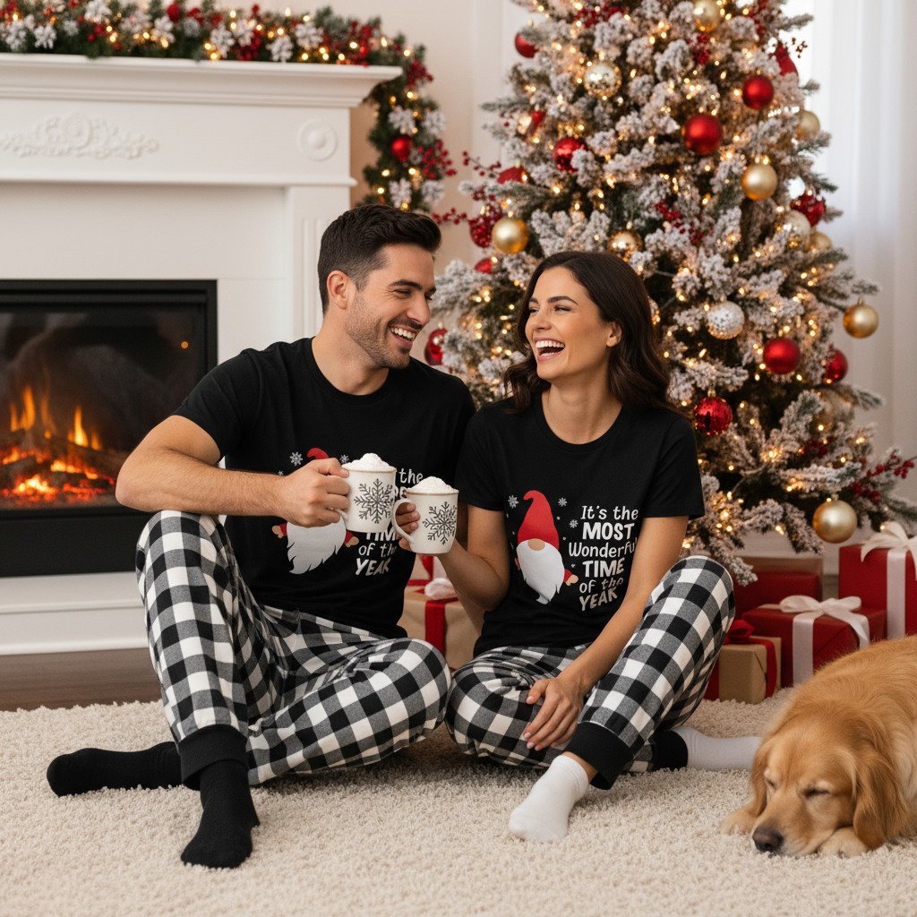 WW | Couple Black-and-White Plaid Short Sleeve Christmas Pajama Set with Gnome and Santa Claus Sayings