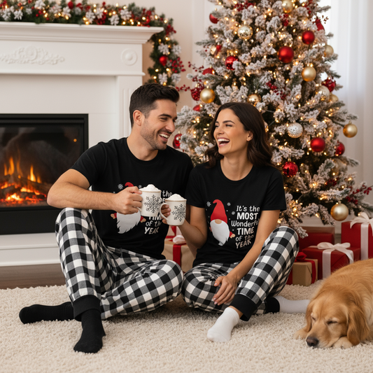 WW | Couple Black-and-White Plaid Short Sleeve Christmas Pajama Set with Gnome and Santa Claus Sayings