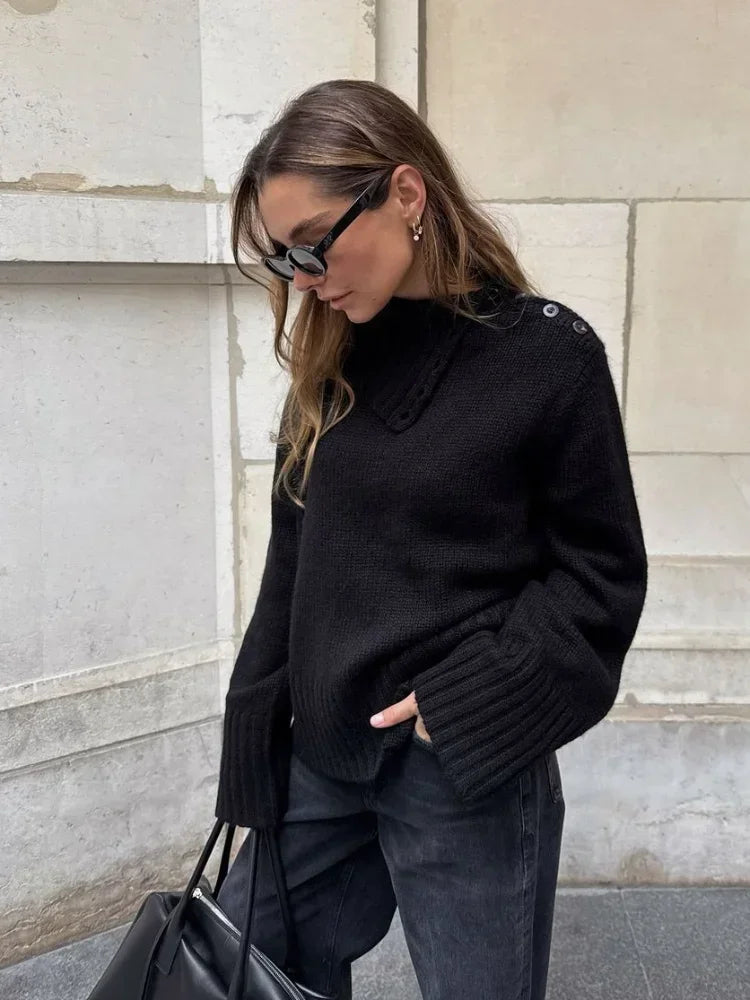 WW | Cozy sweater with button-up stand-up collar and relaxed fit