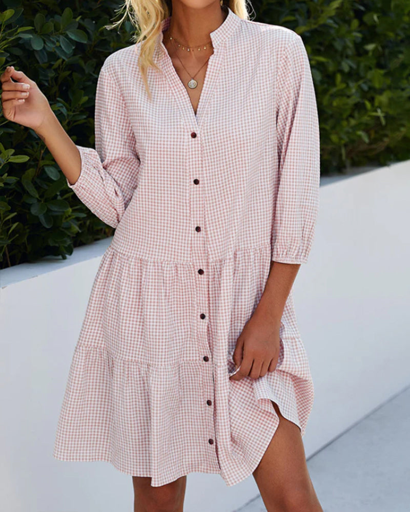 WW - kariertes A-Linien-Kleid mit Knopfleiste für Damen | ähnelt einem Hemdblusenkleid