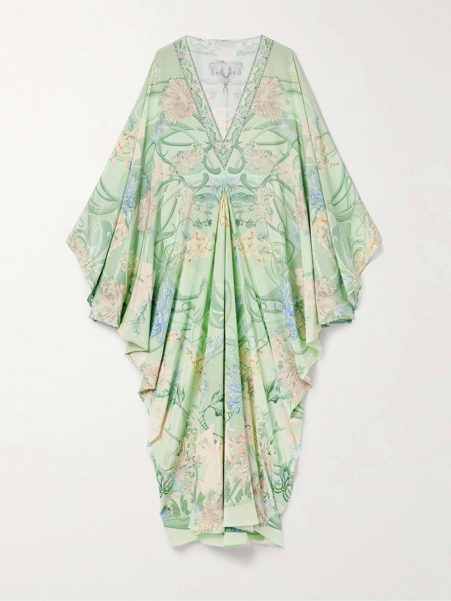 Unique midi dress with floral print, V-neck, and oversized fit