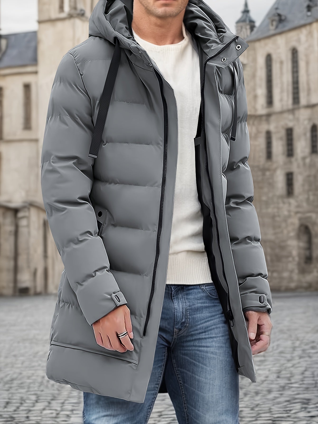 WW | Men's Long Padded Hooded Puffer Winter Jacket - Perfect for Outdoor Activities