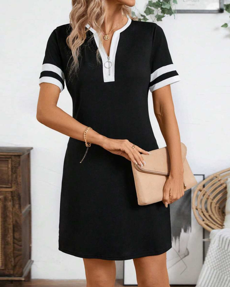WW | Kleid Halber Reißverschluss Colorblock Figurbetont Kurzärmelig