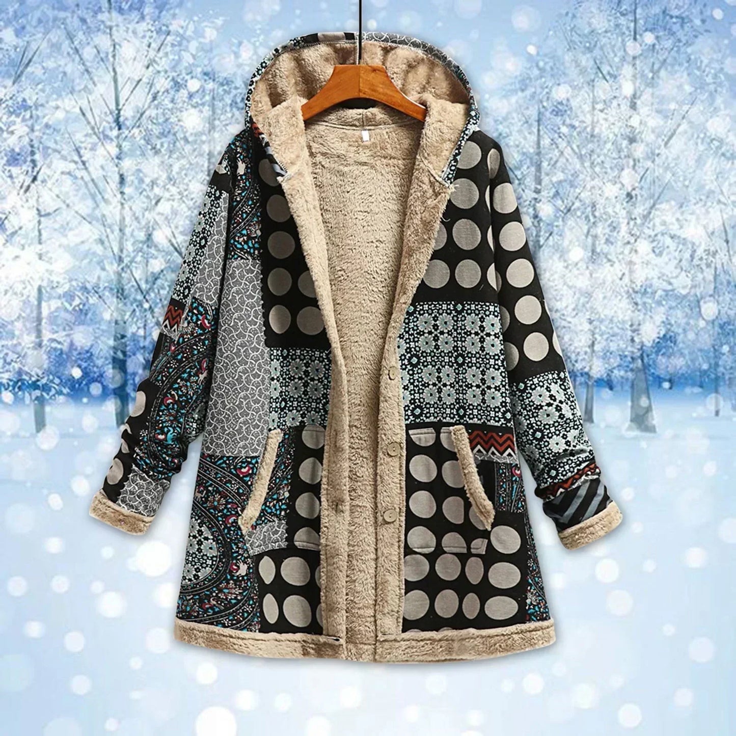 WW | Fleece Jacket Loose Fit Patchwork Long Length with Hood and Pockets