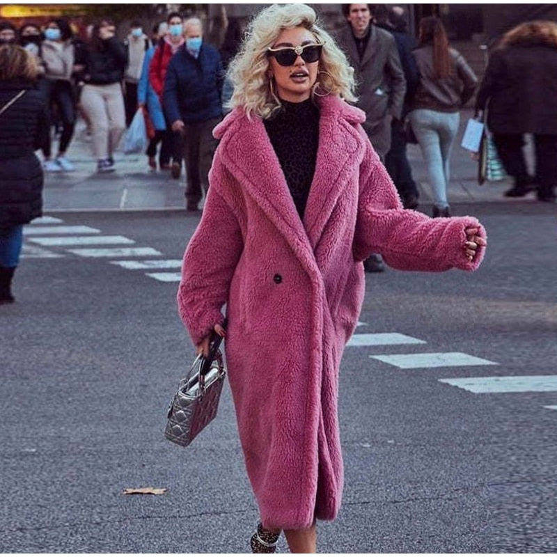 WW | Long Teddy Coat Plus Size Fit Soft Texture Large Lapel Collar