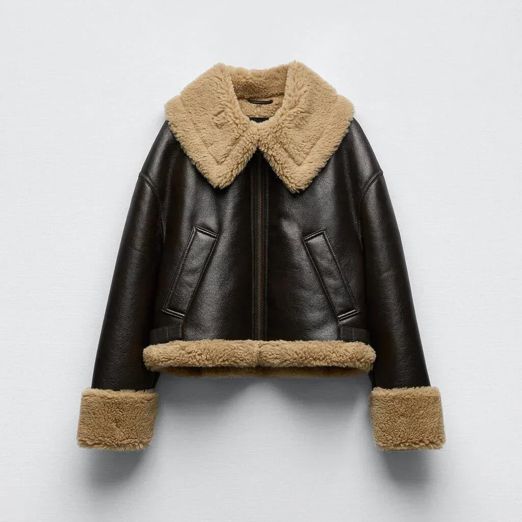 WW | Aviator Jacke - braunes PU-Leder mit Schafen Trim - gemütlicher Winterstil