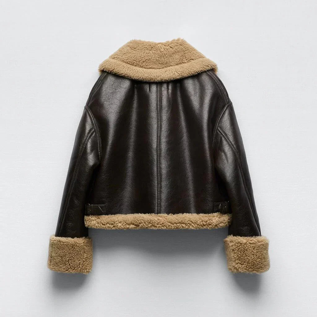WW | Aviator Jacke - braunes PU-Leder mit Schafen Trim - gemütlicher Winterstil