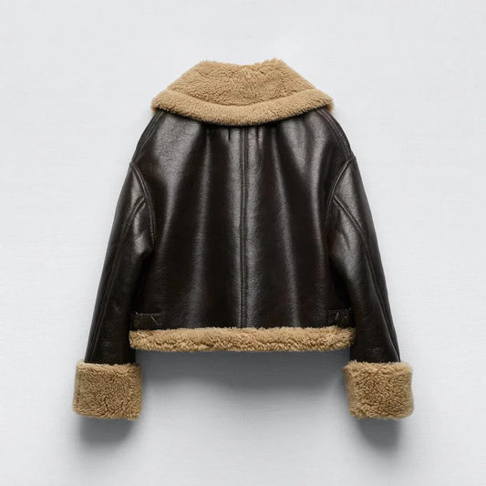 WW | Aviator Jacke - braunes PU-Leder mit Schafen Trim - gemütlicher Winterstil