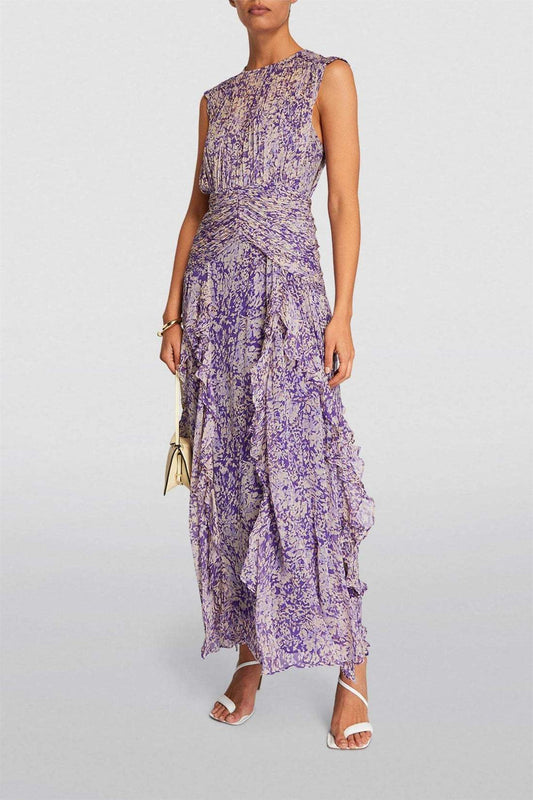 Elegant maxi dress with pleats and ruffle details for a sophisticated look