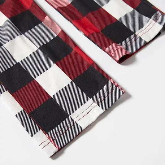 WW | Christmas Family Matching Pajamas - Red and Grey Plaid Pjs Set with "Christmas Crew Making Memories Together" Artistic Lettering Print