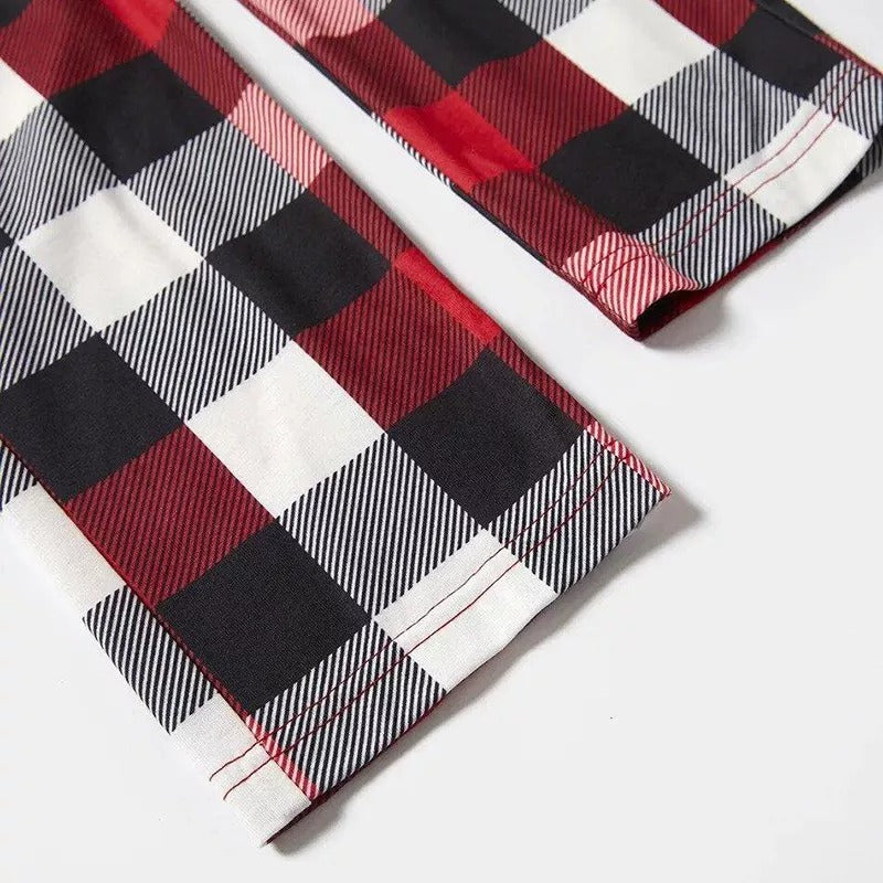 WW | Christmas Family Matching Pajamas - Red and Gray Plaid Pajama Set with "Let It Snow" and Festive Snowman Pattern Colorful Print