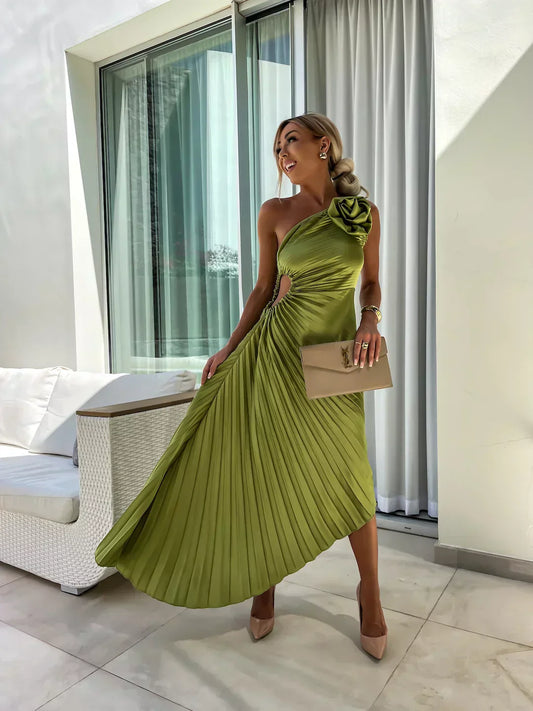 WW | Ein Schulter Kleid Faltenrock Blumenverzierung Abendliche Eleganz