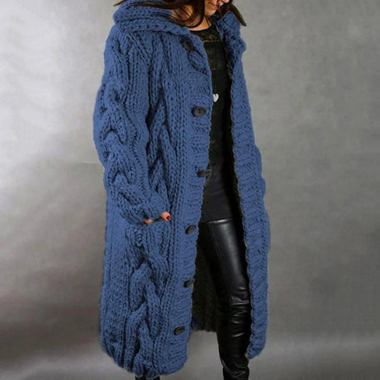WW | Strickjacke Übergroß Fit Kabelmuster Langer Kapuzenpullover Stil