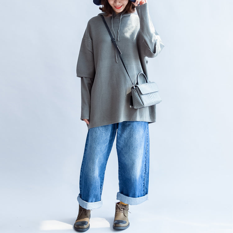 WW | grüne legere Kapuzenpullover aus wollähnlichem Mischgewebe oversized Druck Strickmäntel