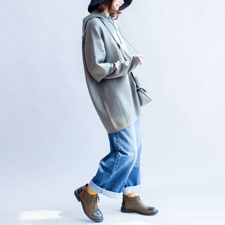 WW | grüne legere Kapuzenpullover aus wollähnlichem Mischgewebe oversized Druck Strickmäntel