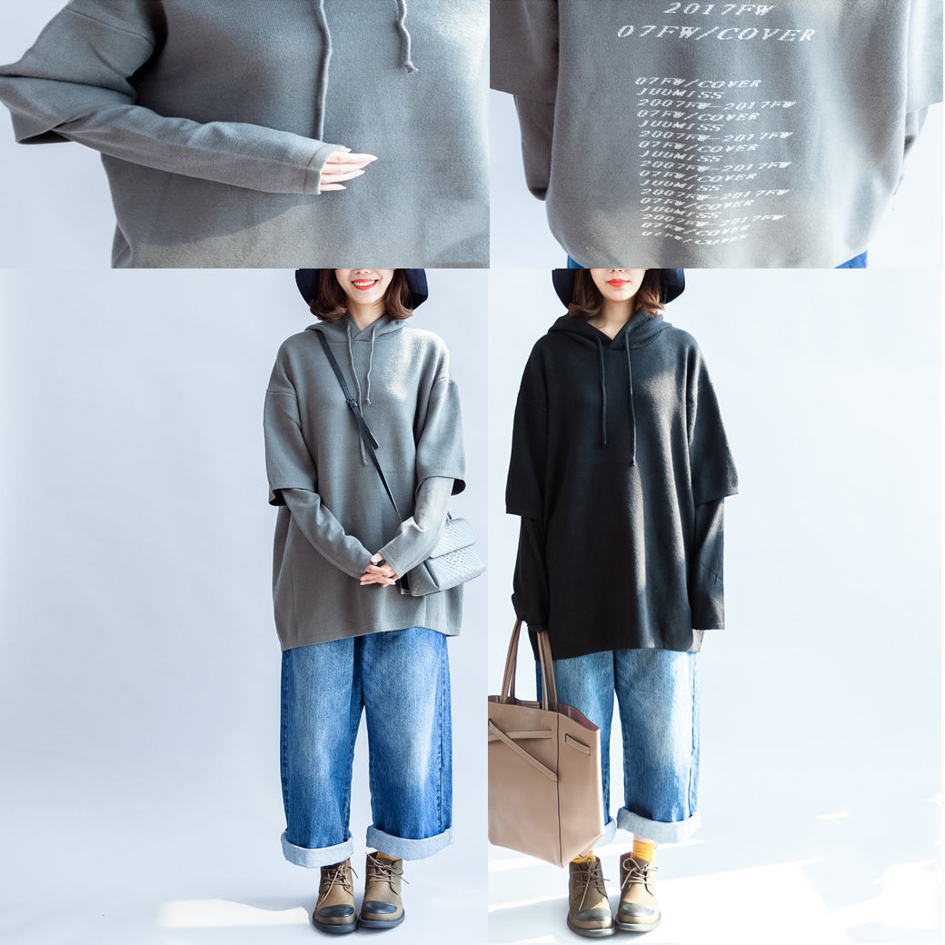 WW | grüne legere Kapuzenpullover aus wollähnlichem Mischgewebe oversized Druck Strickmäntel