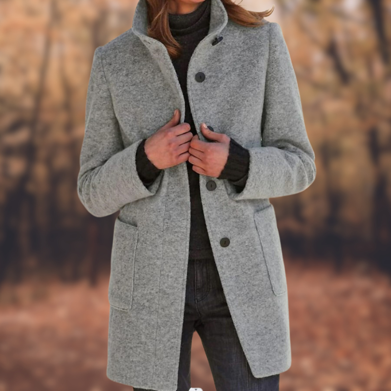 WW | Women's Coat – Wool Blend – Mid-Length Fitted – Button Closure with Pockets