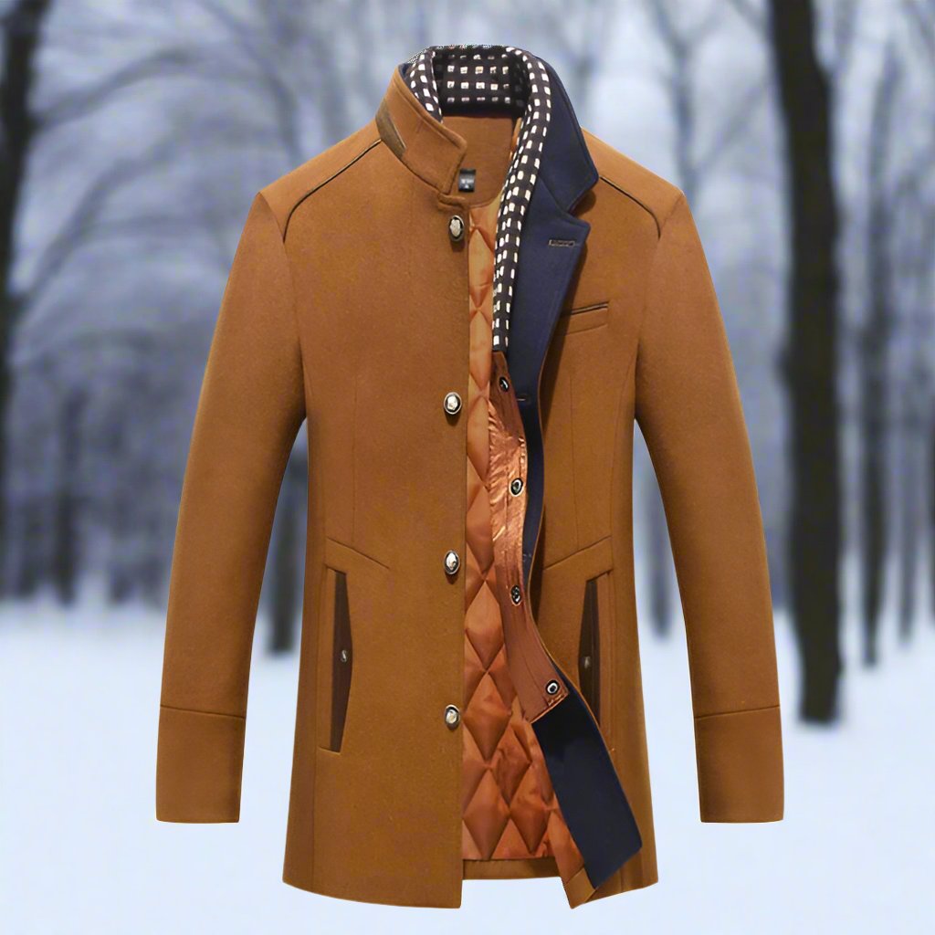 WW | Wool blend Tailored fit Stand-up collar Padded lining Button fastening