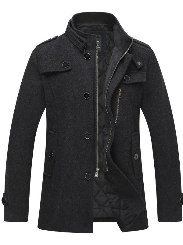 WW | Langer Wollmantel Mit Reißverschluss Und Knopf Für Herren - Perfekt für alltägliche Outfits