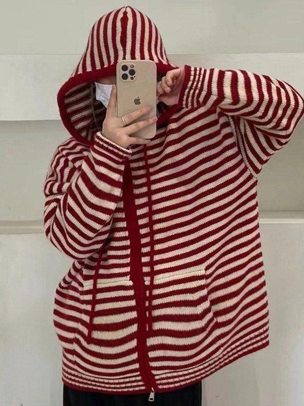 WW | Cozy striped hooded cardigan with zipper