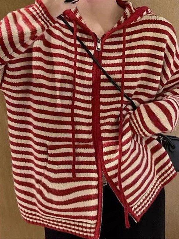 WW | Cozy striped hooded cardigan with zipper