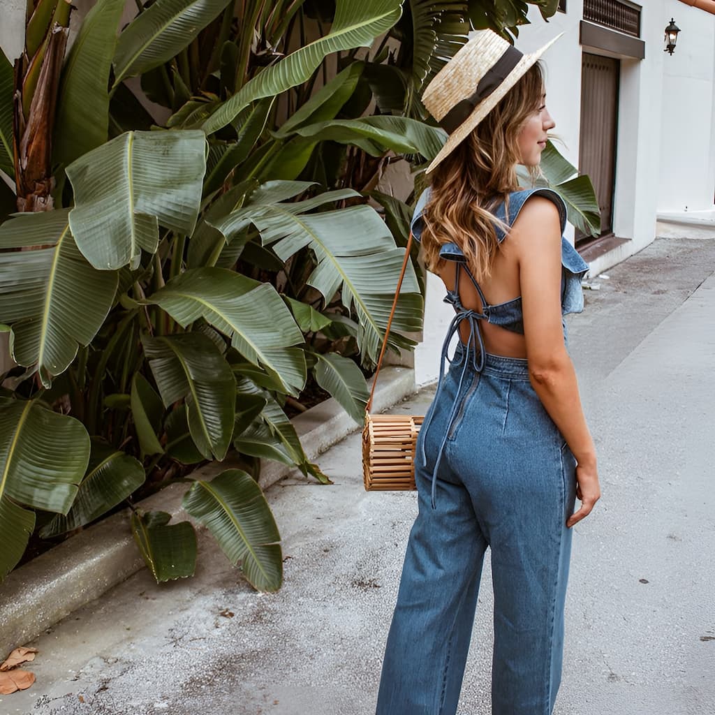 DenimDynasty™ - Open-Back Denim Jumpsuit