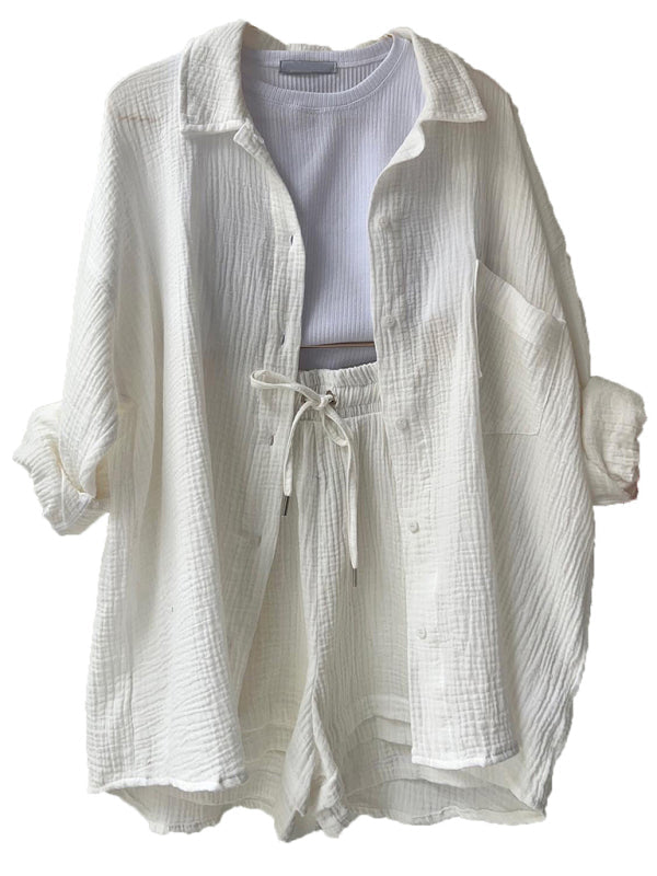 WW | Women's Solid Revere Collar Shirt & Shorts Two-piece Set