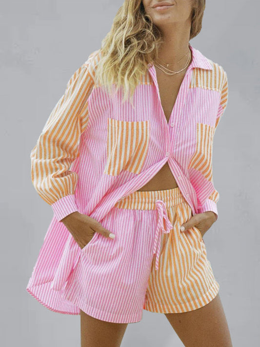 WW | Sommer Strand Sportbekleidung Shorts Set Gestreiftes Hemd Tops Shorts Set Zweiteiliges Set
