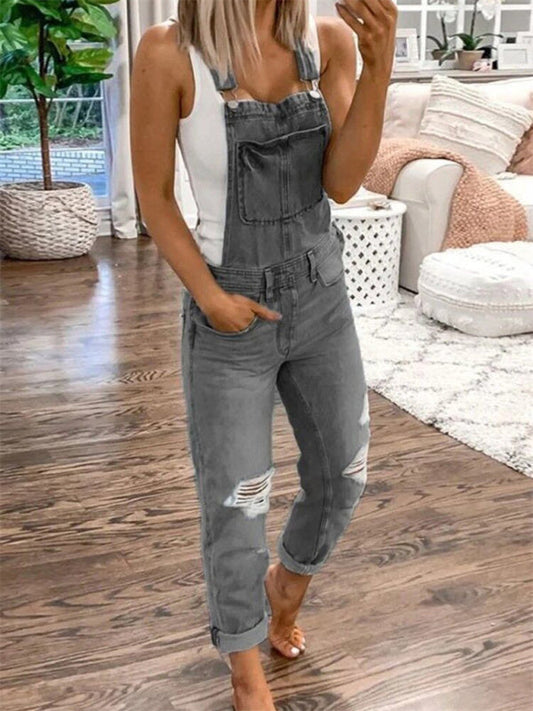 WW | Double Shoulder Strap Ripped Denim Overalls Women's Casual