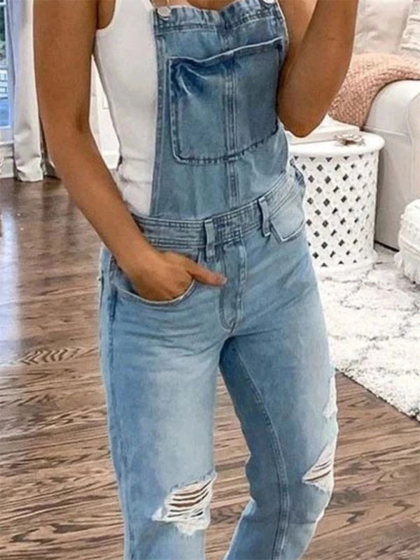 WW | Double Shoulder Strap Ripped Denim Overalls Women's Casual