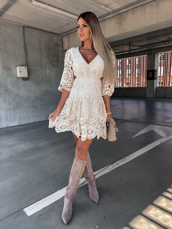 WW | Damen Unifarbene V-Ausschnitt Spitzenkleid