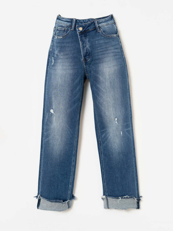 WW | Damen Denim Gewaschene Hochbund Modische Lässige Design Taillenzughose