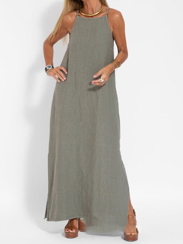 WW | Neues modisches lässiges Baumwoll- und Leinen-Trägerkleid mit Schlitz