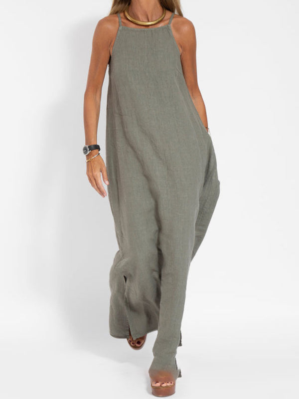 WW | Neues modisches lässiges Baumwoll- und Leinen-Trägerkleid mit Schlitz