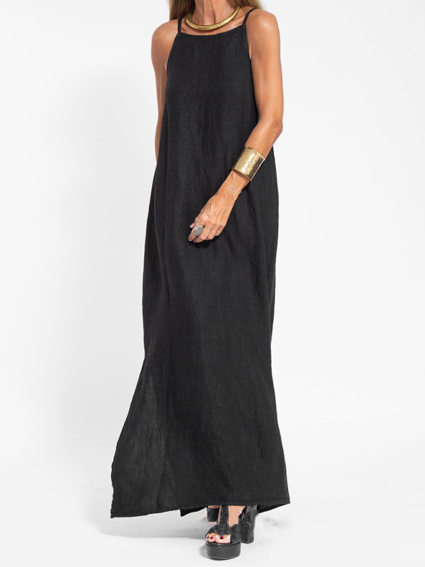 WW | Neues modisches lässiges Baumwoll- und Leinen-Trägerkleid mit Schlitz